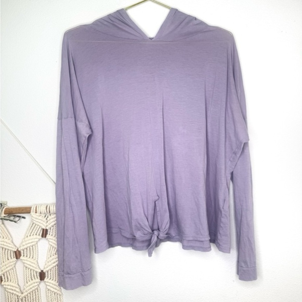 Beyond Yoga Pullover Dusty Purple Hooded Long Sleeve TOP Tie front SZ L *flaw